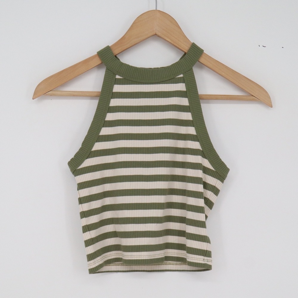 American Eagle Tank Top Womens S Striped Green Ribbed Knit Cropped Excellent